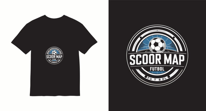 Scoor map futbol logo emblem with soccer ball and stadium elements on black t-shirt mockup.