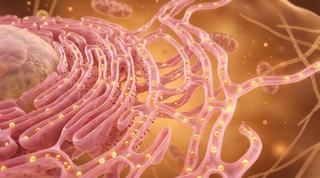 3D rough endoplasmic reticulum ribosome mitochondria protein synthesis cell biology science medical