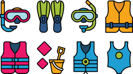 Summer beach and water sports icon set featuring snorkeling gear life jackets and sand toys vector illustration isolated, © Mehg