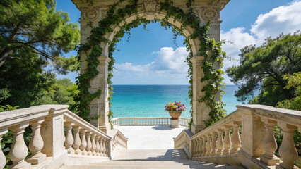 Obraz premium Stone staircase arch with sea view terrace flowers coastal scenic architecture