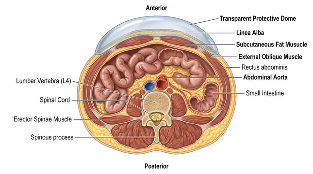 Transverse cross‑section of the abdomen under a protective transparent dome showing spinal cord, spinous process, erector spinae muscles, lumbar vertebra, abdominal aorta, intestines, linea alba, exte