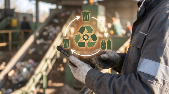 Waste operator using smartphone with smart waste sorting holographic interface