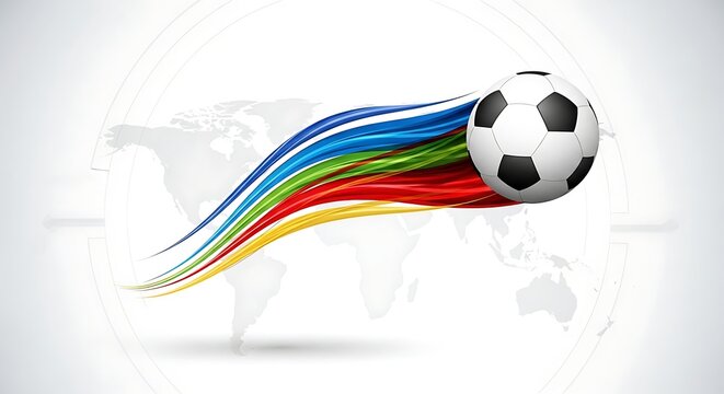 Soccer ball flying with colorful dynamic trails over a faint world map background for global sports concept