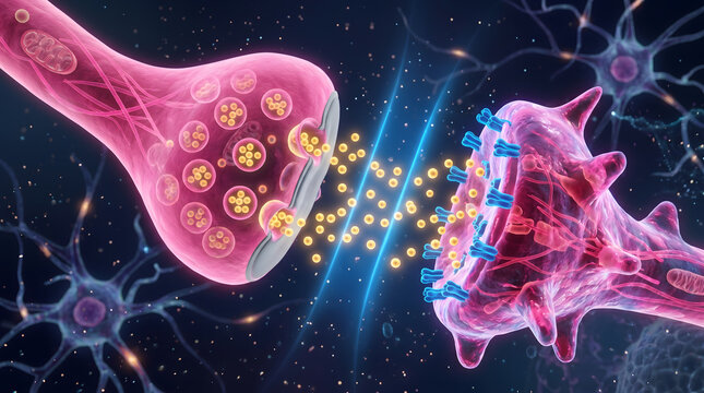 3D synapse presynaptic terminal neurotransmitter receptor pink blue neuron biology science medical