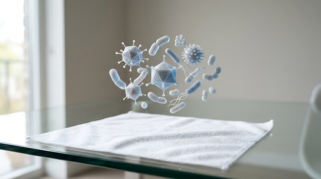 Gambar ilustrasi digital virus dan mikroorganisme di atas meja keramik yang menunjukkan pencegahan dan kesehatan lingkungan dalam konsep medis modern