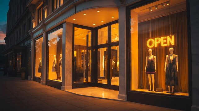 Fashion boutique storefront with open neon sign and mannequins in elegant retail shop window at night