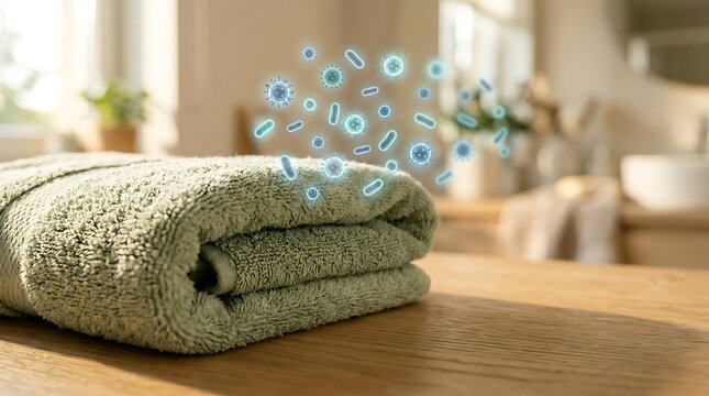 Handuk hijau lembut di atas meja kayu dengan ilustrasi virus dan mikroorganisme menunjukkan kebersihan dan perlindungan kesehatan di rumah
