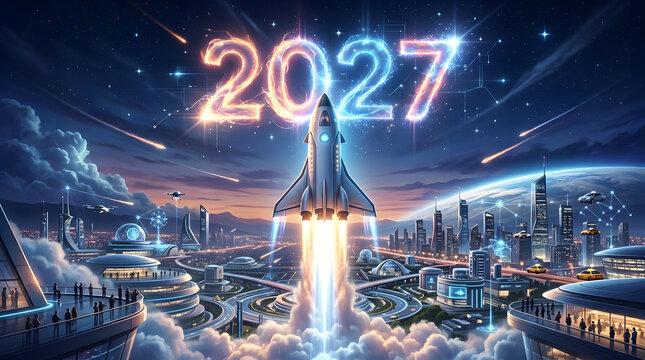 Futuristic city skyline with a rocket launching into the sky, symbolizing new year 2027 and technological advancement