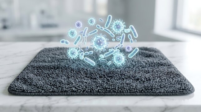 Ilustrasi konsep kebersihan dan mikroorganisme dalam lingkungan rumah di atas karpet abu-abu gelap