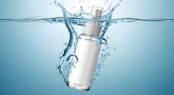 White blank cosmetic bottle splashing into clear blue water, creating vibrant ripples and a refreshing clean effect