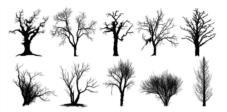 -vector collection of dead tree silhouettes on a white background, vector illustration. set of black, dry branches and trees without leaves, in a flat design. dead wood for decoration or graphic eleme