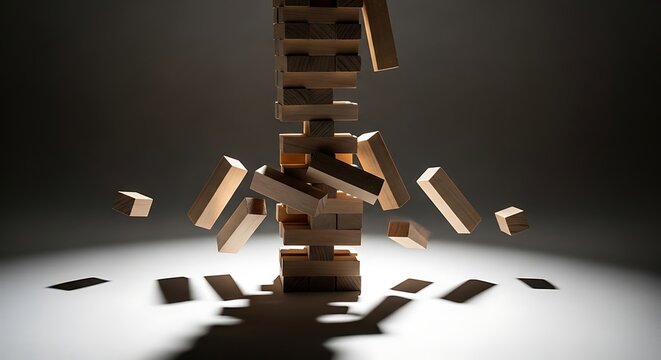 A tower of wooden blocks collapsing in dramatic fashion lit by a spotlight