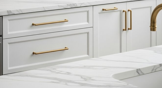 A close-up of white kitchen cabinetry and drawers with sleek gold pulls. The foreground shows the edge of a white marble countertop with a farmhouse sink