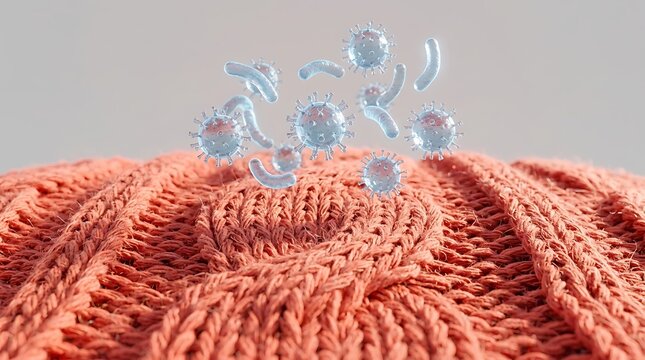 Ilustrasi Virus dan Bakteri Mengambang di Udara di Atas Pakaian Bertekstur Merah Oranye