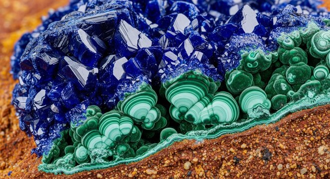 A beautiful cluster of deep blue azurite crystals sitting next to smooth, green banded malachite stones on a sandy, brown earth background