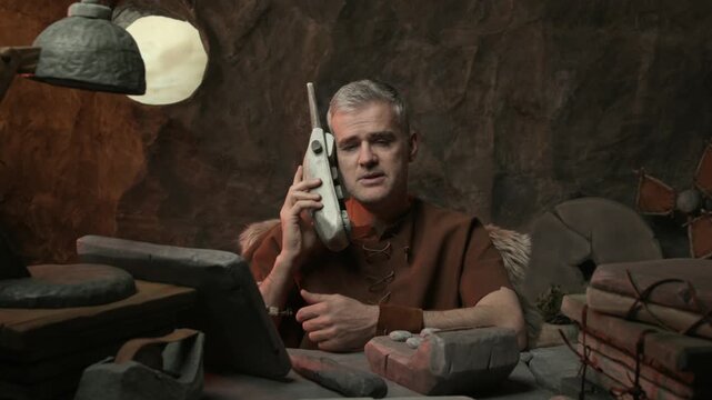 Bored frustrated prehistoric office worker sitting at his desk and having a phone call, he is listening and nodding
