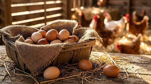Keranjang berisi telur ayam di dekat kandang ayam di peternakan tradisional Indonesia
