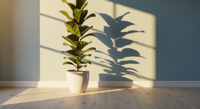 Two indoor plants, a bird of paradise and an olive tree, in matching beige pots standing against a grey wall with a narrow window