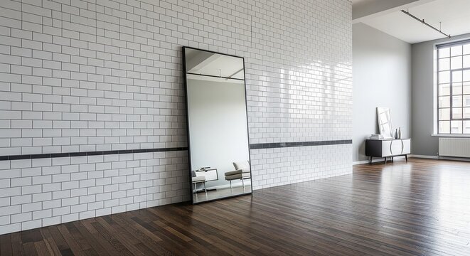 Large room with white subway tiles and leaning floor mirror