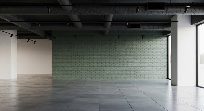 Spacious empty studio interior with green brick accent wall
