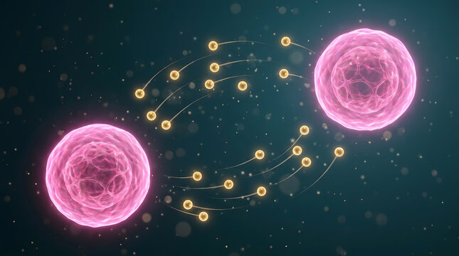 3D Two Pink Cell Gold Molecule Arc Paracrine Signal Communication Biology Science Research