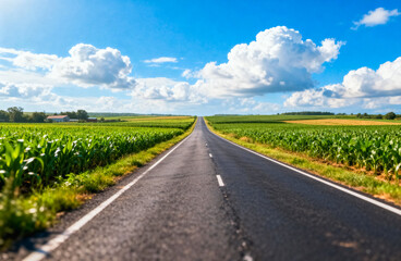 Fototapeta premium Long Road Through Green Agricultural Fields Under Blue Sky