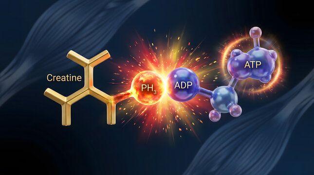 3D Creatine Phosphate ADP ATP Energy Synthesis Muscle Biochemistry Science Biology Research