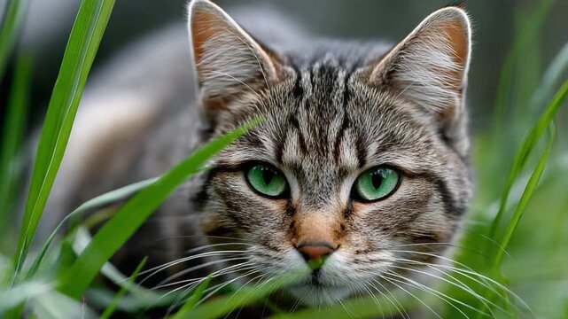 Emerald Gaze: A captivating close-up portrait of a sleek feline, its emerald eyes piercing through the dense foliage, showcasing the cat's intense focus and innate grace.