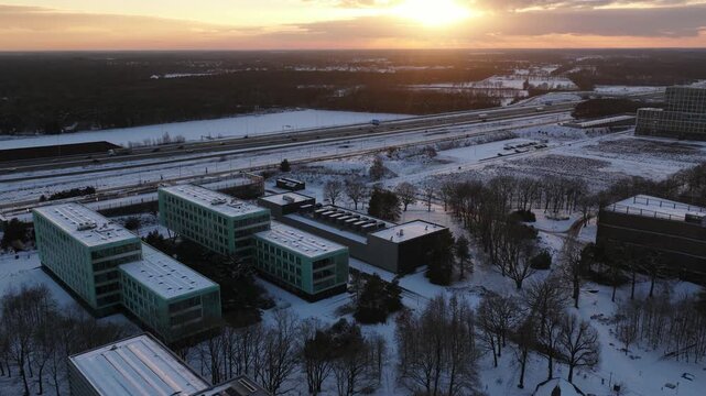 Aerial Sunset View of High Tech Campus Eindhoven in Winter