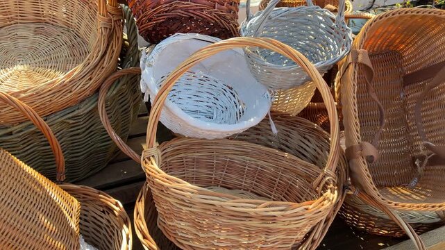 Collection of various woven baskets in natural light