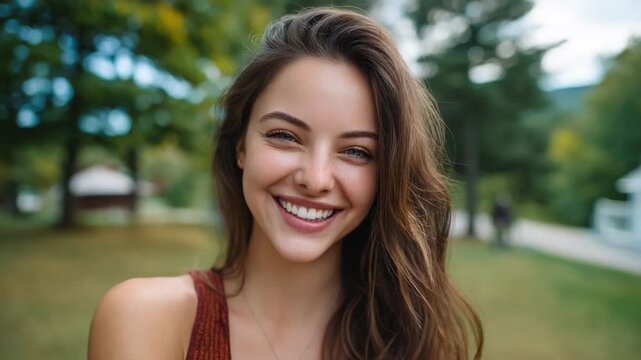 Radiant Smile of Pure Joy: A portrait of a woman with long, flowing brown hair, displaying a genuine smile that radiates happiness and a zest for life.