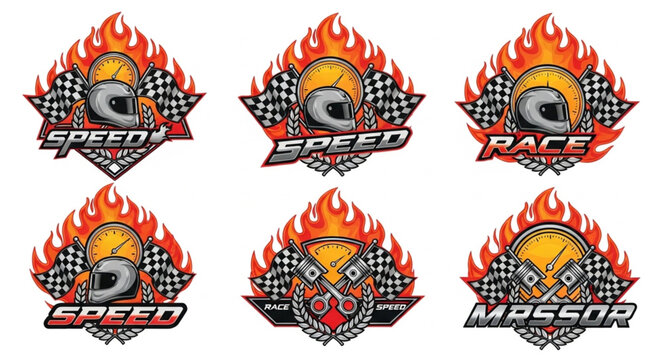 Set of racing emblems with helmets and checkered flags.