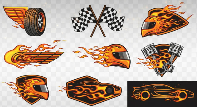 Racing elements with flames and checkered flags.