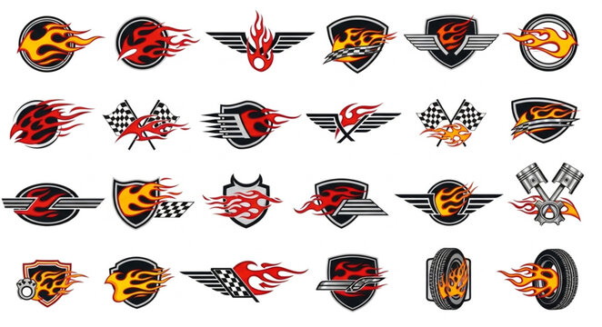 Collection of Racing Emblems and Badges with Flames and Checkered Flags.
