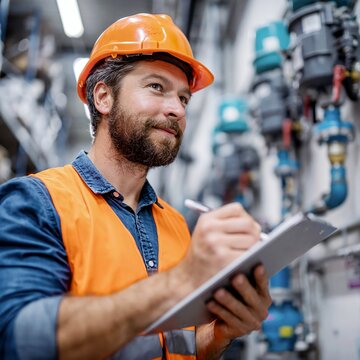 Safety inspector recording sprinkler inspection results beside gauges and piping