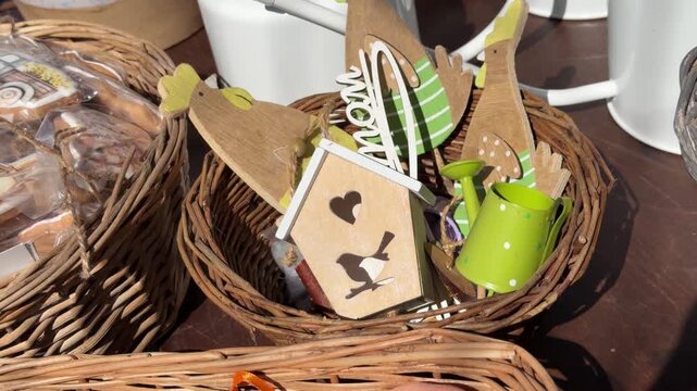 Wooden spring decorations in a woven basket