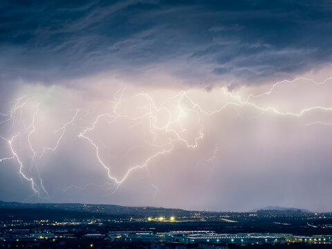 Multiple lightning strikes over Cluj airport and city during storm