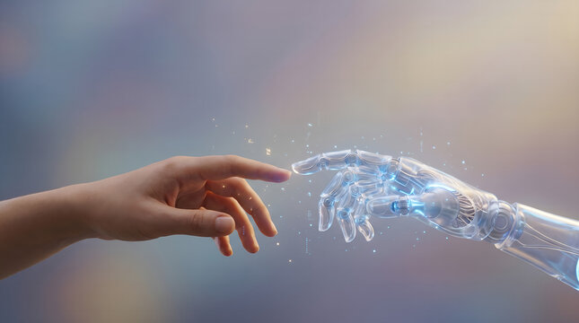 Human and robot hands reaching out to touch fingers, artificial intelligence connection and future technology concept