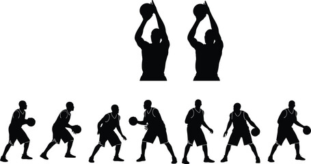 Basketball player silhouettes set, dribbling and shooting action poses, sport activity collection, athlete training isolated, dynamic movement illustration for fitness concept © MdShahin