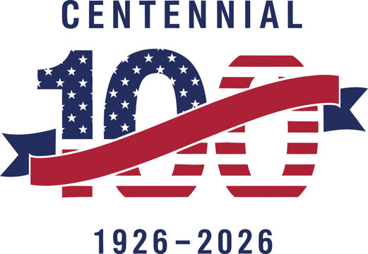Centennial 100th Anniversary Logo with American Flag Stars and Stripes Pattern for 1926 to 2026 Celebration Vector