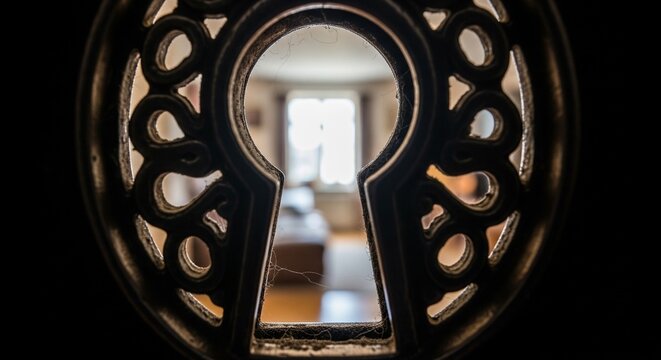 A dark, decorative keyhole framing a view of a cozy, bright bedroom with a bed and a window.