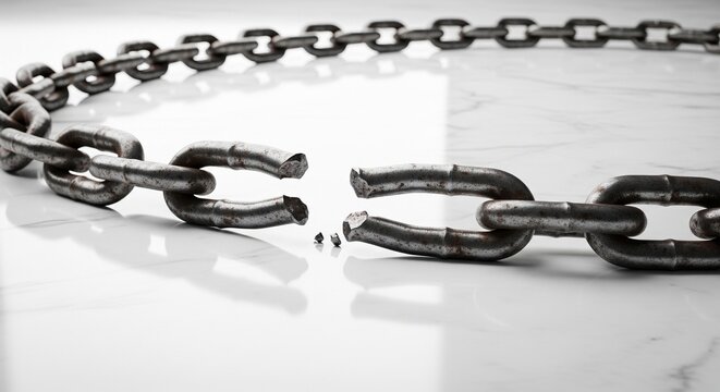 A thick steel chain with a broken link lying on a reflective white surface.
