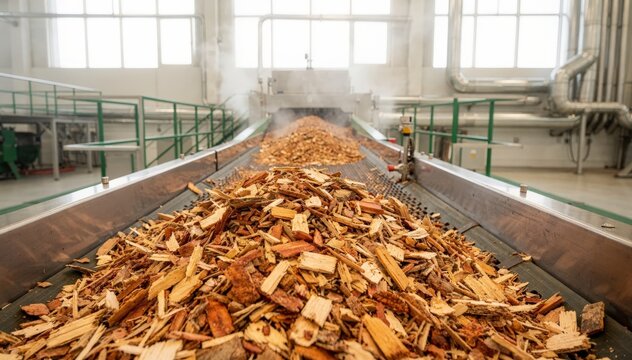 Medium shot of mixed wood chips conveying on a factory line producing biobased cyclic intermediates showcasing sustainable raw material processing in an ecofriendly plant.