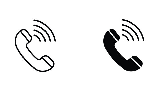 Telephone handset icon with radio signal waves in clean line art and solid black silhouette vector style for communication and customer support concepts