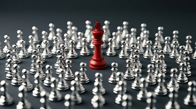 Bidang Catur dengan Bidak Merah Menonjol di Tengah Lingkungan Pion Kecil Berwarna Perak
