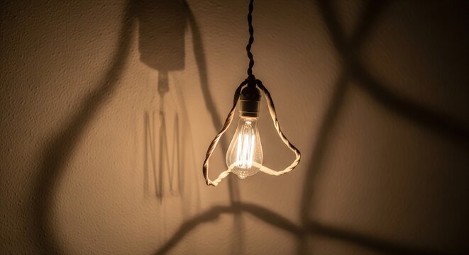 A hanging light bulb casting large, abstract shadows on a beige wall in a dark room.