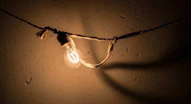 A single incandescent light bulb hanging from a wire and glowing with warm orange light against a textured wall.