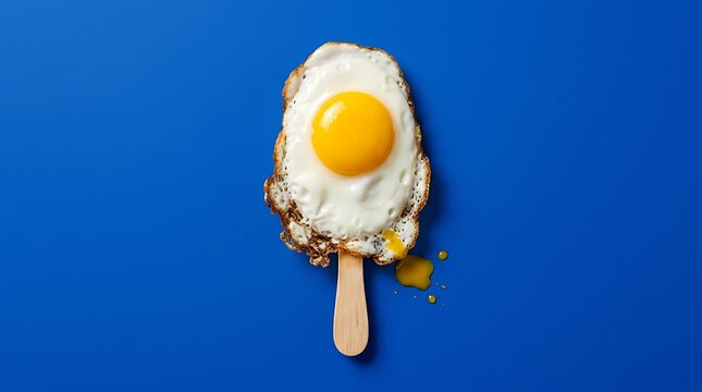 Es Krim Lembaran Telur Mata Sapi dengan Tusuk Kayu di Latar Biru Cerah untuk Konten Makanan dan Minuman Segar