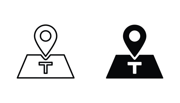 Location pin on map icon set in outline and solid black styles for navigation and geographic positioning user interface design