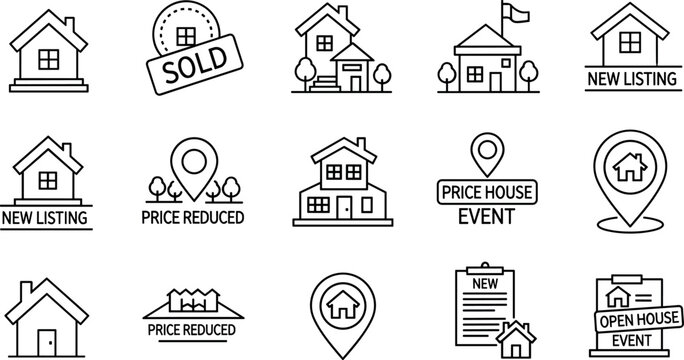 Comprehensive real estate icon set featuring house line art symbols for sold properties new listing price reduced open house event and mortgage marketing vectors for agents, 15 to 25 words.